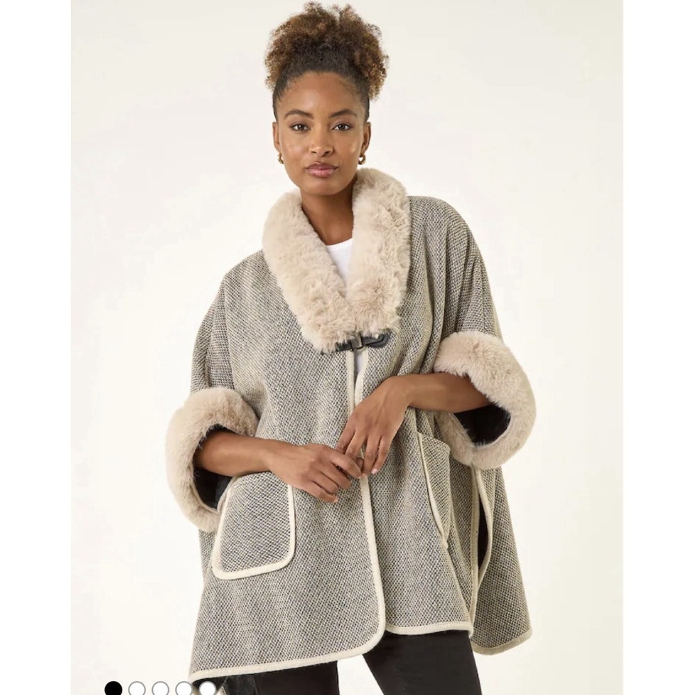 Vince Camuto Faux Fur Trim Poncho Shawl One Size Tweed Fur Lined Cape